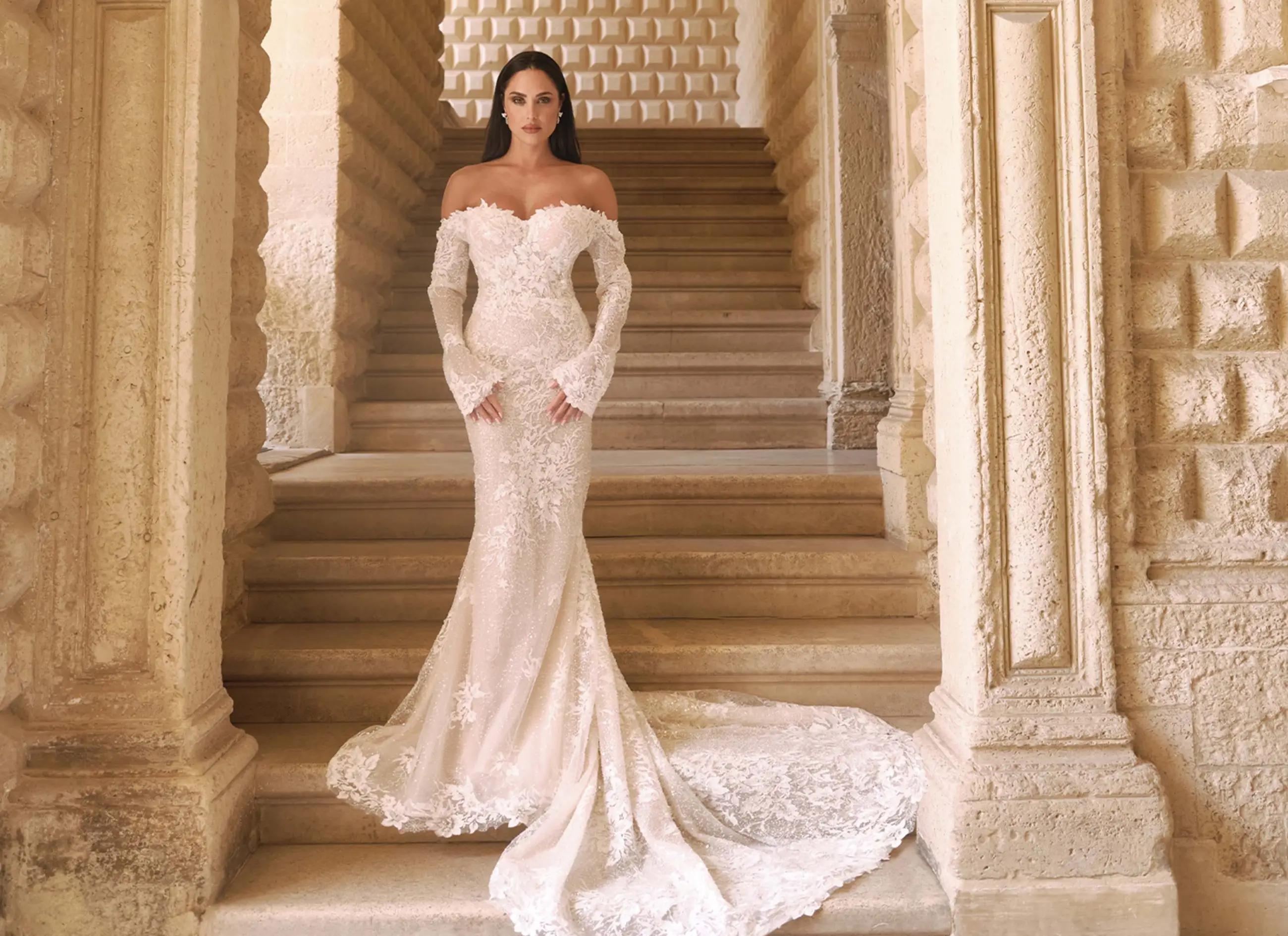 Photo of model wearing a white Eleganza Sposa Wedding Dress in Glasgow, UK